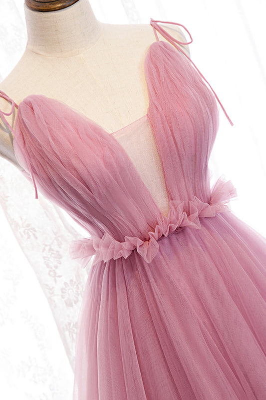 Pink tulle long prom dress A line evening dress M5378