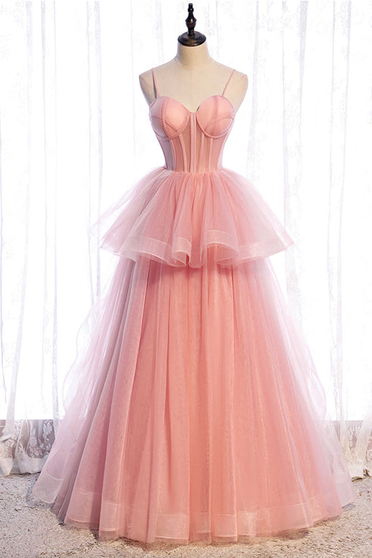 Pink tulle long prom dress A line evening gown M5355