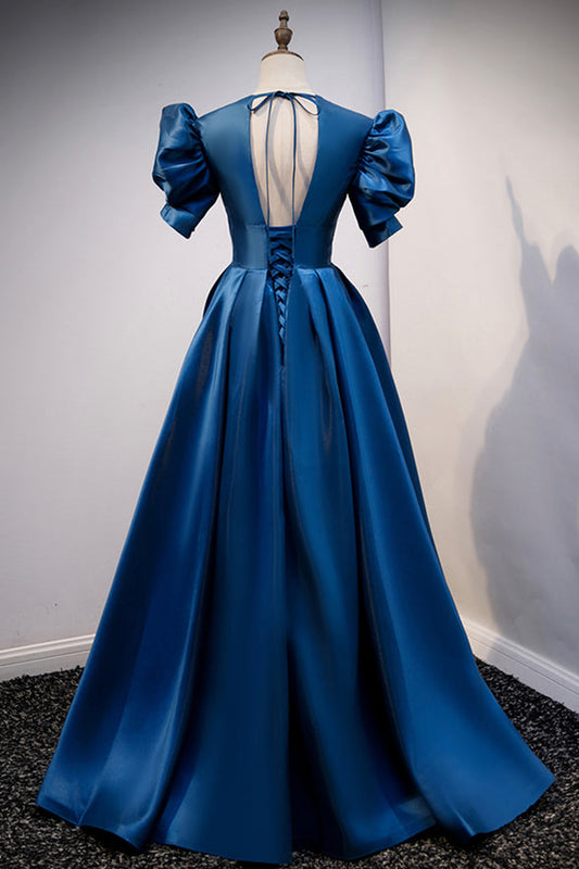 Blue satin long prom dress blue evening dress M5333