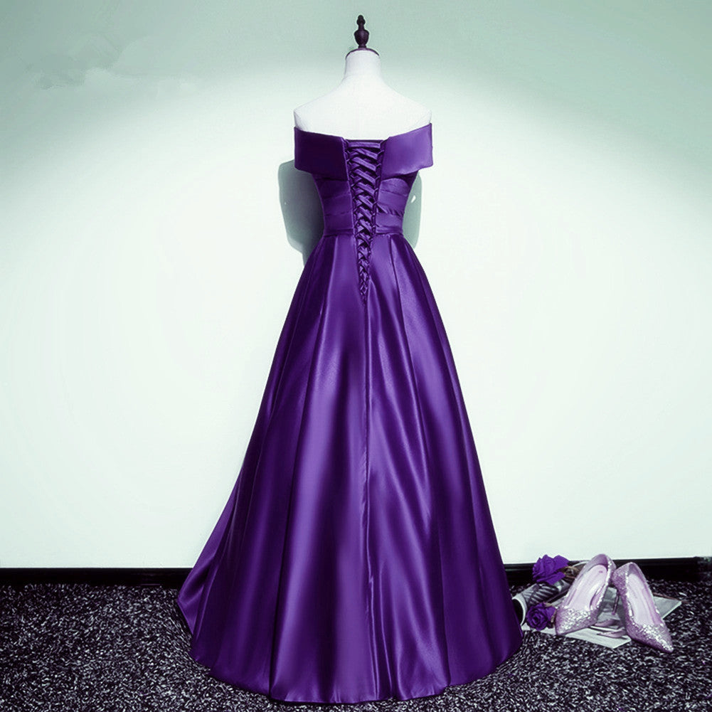 Purple Satin Off Shoulder A-line Long Party Dress, Floor Length Junior Prom Dress  M5462
