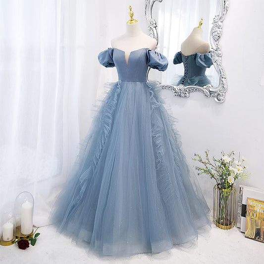 Off the Shoulder Blue Long Formal Dress M5512