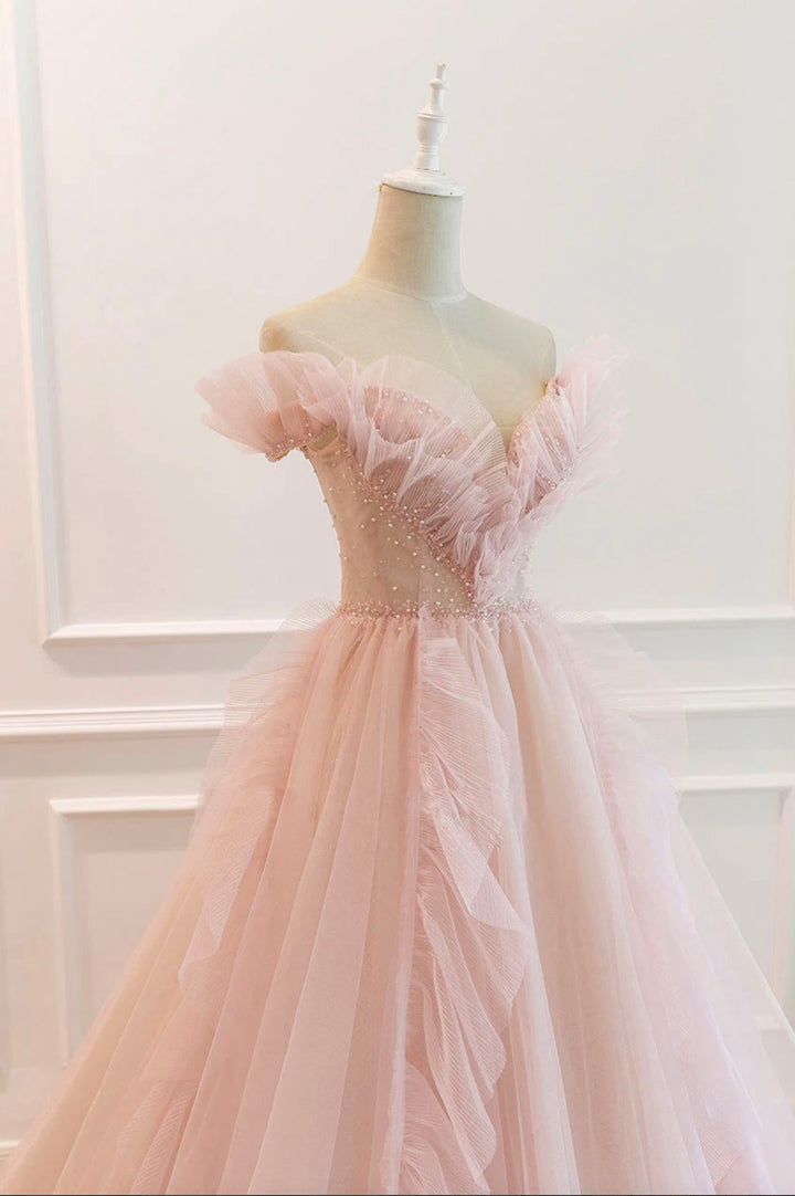 Pink tulle long prom dress A line evening dress M5329