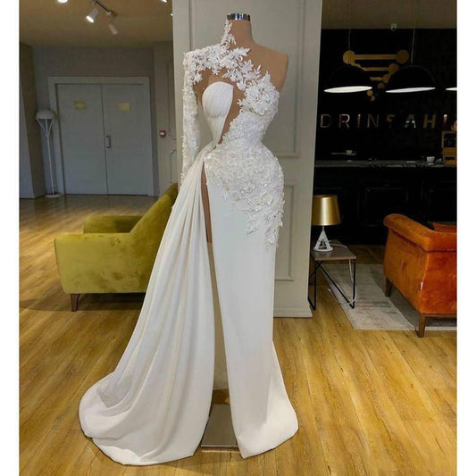 Exquisite Lace White Prom Dresses High Neck One Shoulder Long Sleeve Formal Evening Dress Side Split Robes De Mariée M5484