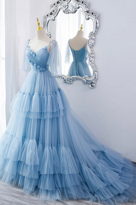 Blue tulle long prom dress blue evening dress M5295