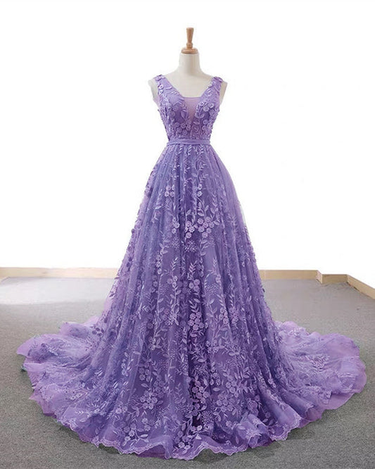 Tulle V Neck Lace Embroidery Prom Long Dresses M5109