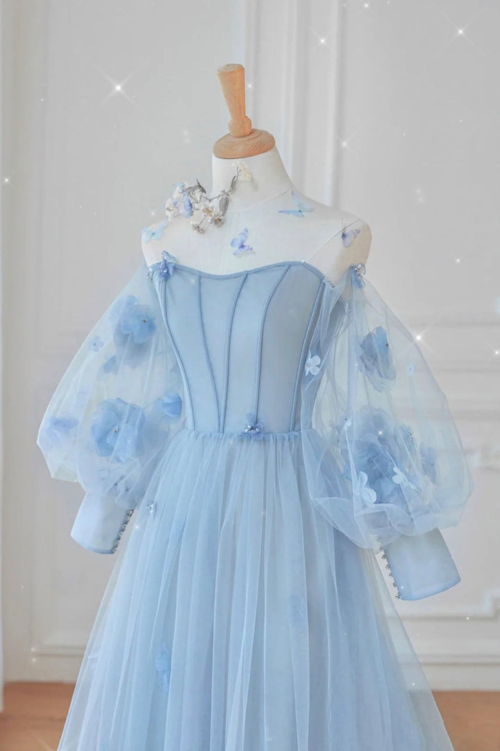 Blue tulle long sleeve prom dress blue evening dress M5344