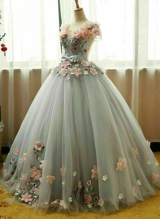 Grey Ball Gown 3D Flowers Princess Party Gown, Sweet 16 Formal prom Dress M6017
