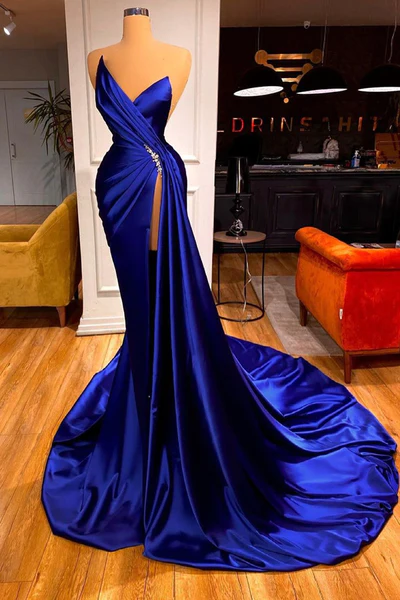 GLAMOROUS ROYAL BLUE SWEETHEART PROM DRESS MERMAID LONG EVENING GOWNS WITH SPLIT M5868