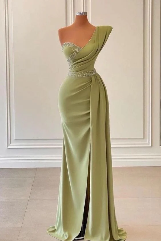 Modern One Shoulder Sage Mermaid Prom Dress Long Ruffles With Beads M5886