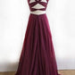 Elegant Two Piece Long Burgundy Chiffon Prom Dress Formal Evening Dress M5515