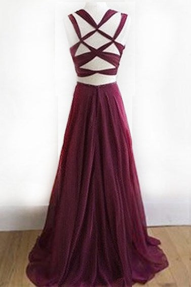 Elegant Two Piece Long Burgundy Chiffon Prom Dress Formal Evening Dress M5515