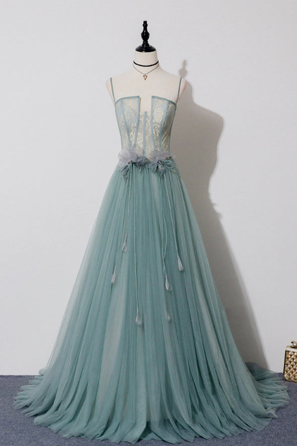 Green tulle lace long prom dress A line evening dres M5294