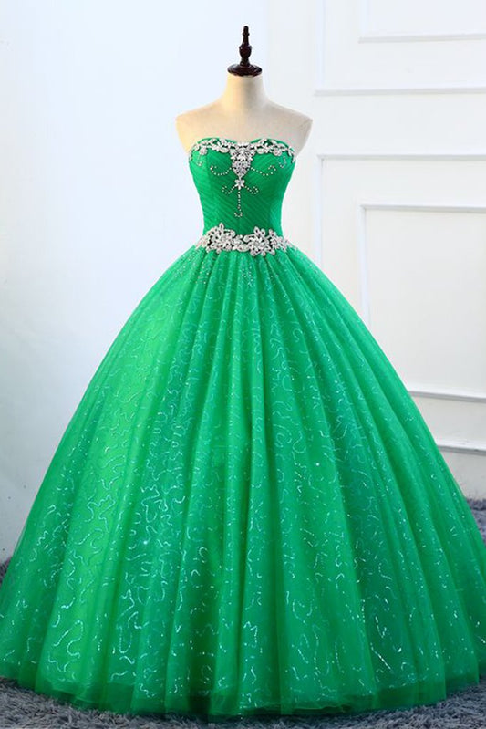 Strapless Green Sequins Tulle Long A Line Beaded Prom Dress, Formal Dress M5445