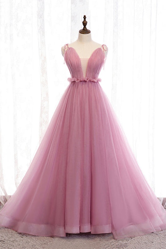 Pink tulle long prom dress A line evening dress M5378