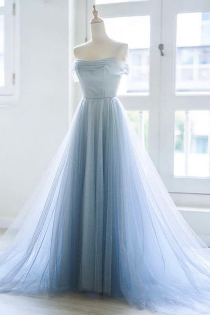 Blue tulle long prom dress A line evening dress M5425