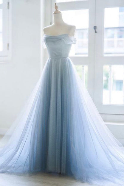 Blue tulle long prom dress A line evening dress M5425