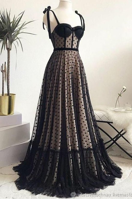 Vintage Spaghetti Straps Black A Line Long Prom Dress Formal Evening Dresses M5491