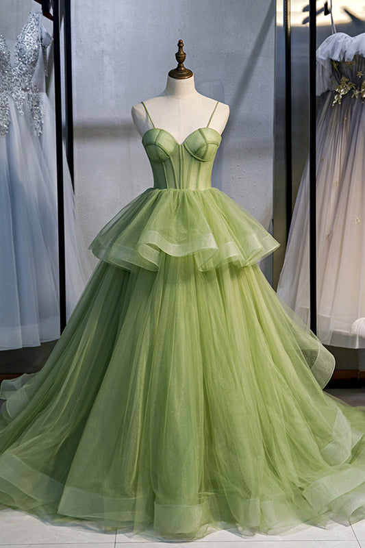 Green tulle long prom dress A line evening dress M5356