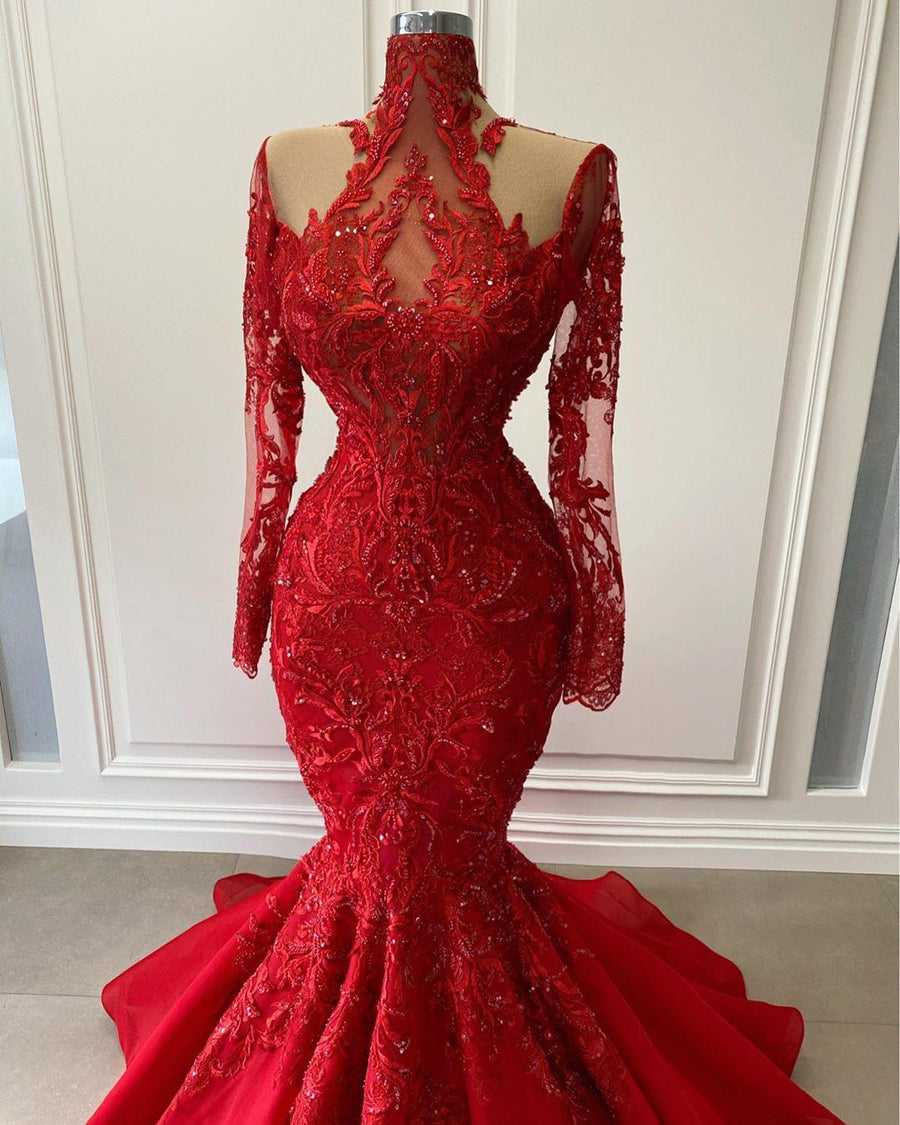 Red Luxurious Lace Beaded Evening Dresses Mermaid Long Sleeves Prom Dresses Vintage Formal Party Second Reception Gowns M5641