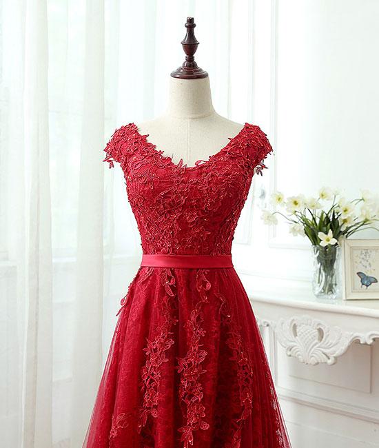 Burgundy tulle lace applique long prom dress, burgundy evening dress M4842