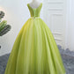 Fresh Green Tulle V Neck Long Lace Up Senior Prom Dress With Applique M5443