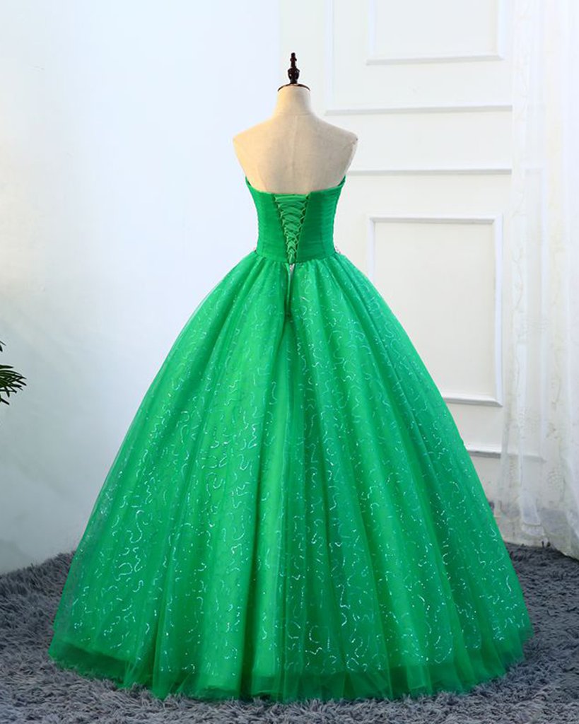 Strapless Green Sequins Tulle Long A Line Beaded Prom Dress, Formal Dress M5445