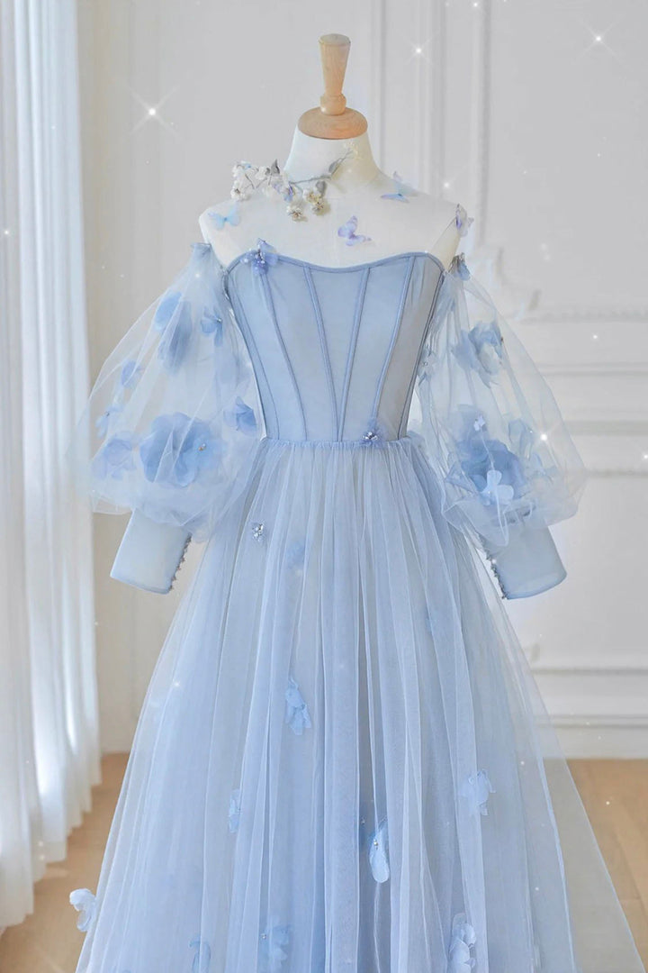 Blue tulle long sleeve prom dress blue evening dress M5344