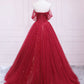 Burgundy tulle sequins long prom dress A line evening gown M5298