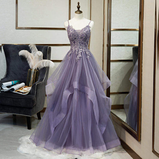 Spaghetti Straps Appliqued Lavender Long Prom Dress M68