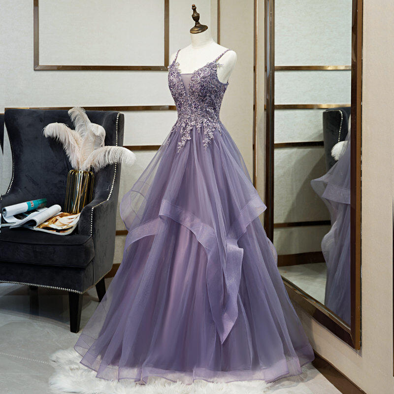 Spaghetti Straps Appliqued Lavender Long Prom Dress M68