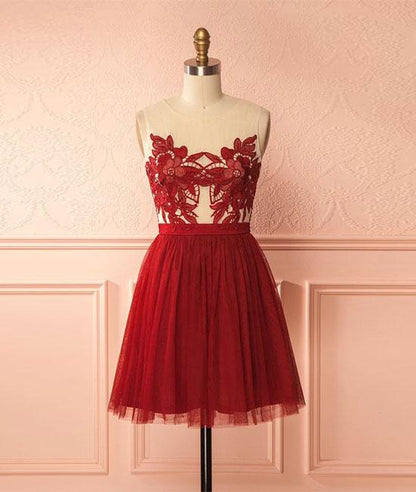 Burgundy tulle lace short prom dress, burgundy homecoming dress M4873