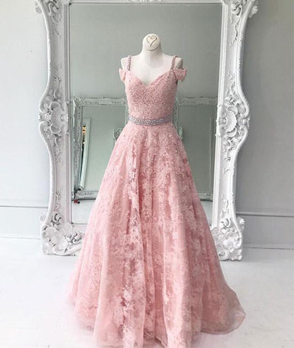 Pink off shoulder lace long prom dress, pink lace evening dress M4892