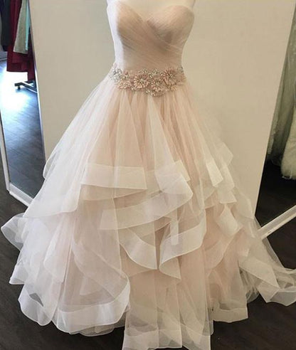 Champagne sweetheart tulle long prom dress, evening dress M4913