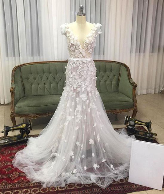 Unique white v neck tulle long prom dress, tulle wedding dress M4904