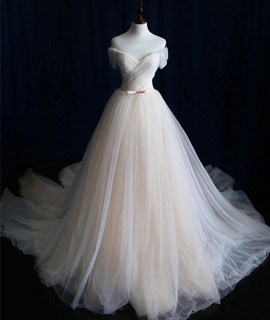 Simple light champagne tulle long prom dress, champagne tulle wedding dress M4890