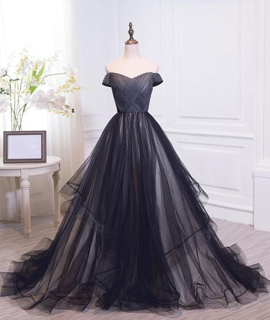 Simple black sweetheart tulle long prom dress, black evening dress M4841