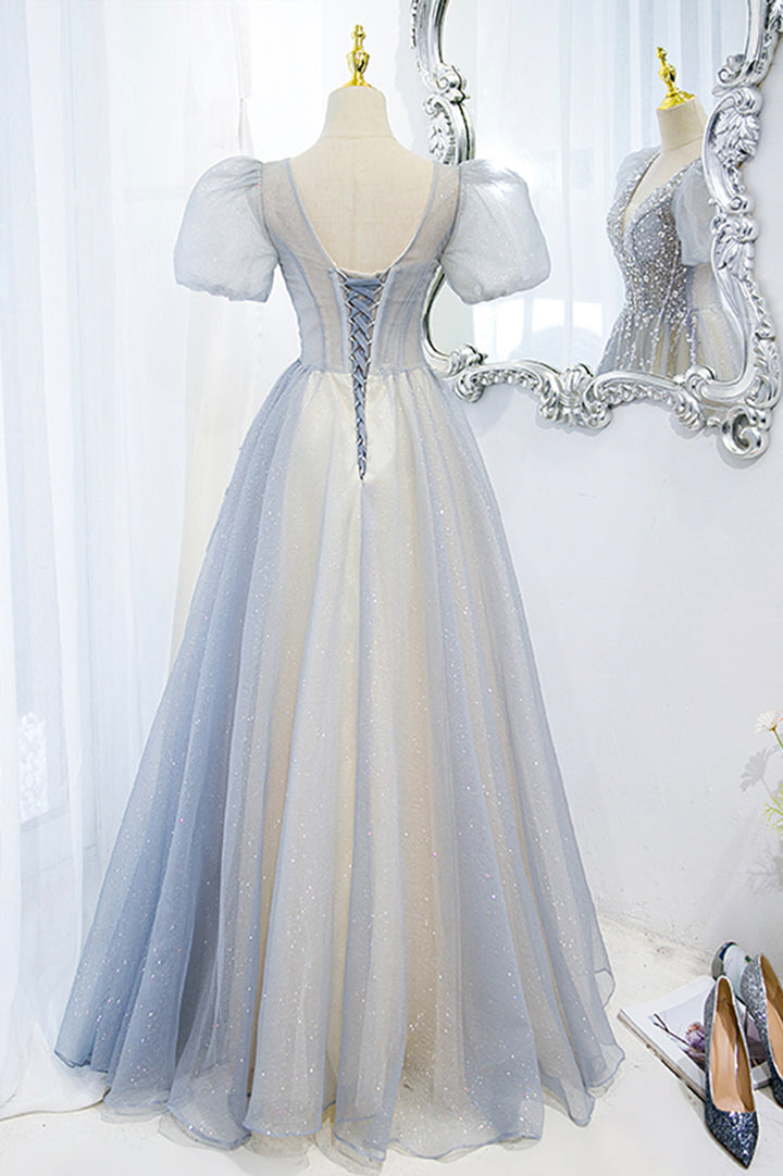 Gray tulle beads long prom dress A line evening dress M5311