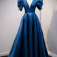Blue satin long prom dress blue evening dress M5333