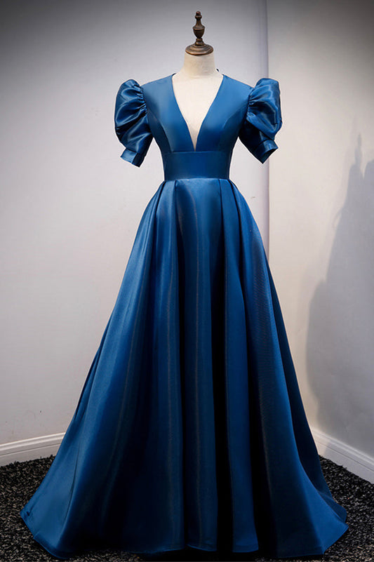 Blue satin long prom dress blue evening dress M5333