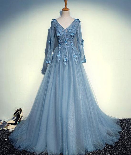 Blue v neck tulle lace long prom dress, tulle evening dress M4879