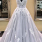 Gray v neck tulle lace applique long prom dress, gray evening dress M4847