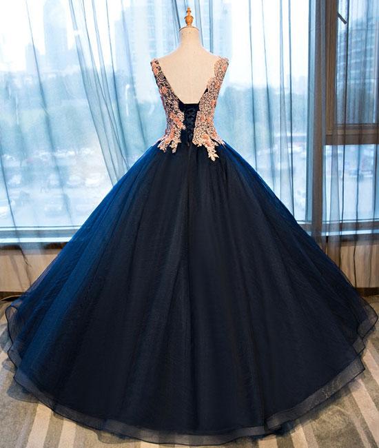 Dark blue v neck satin lace long prom gown ,dark blue evening dress M4810