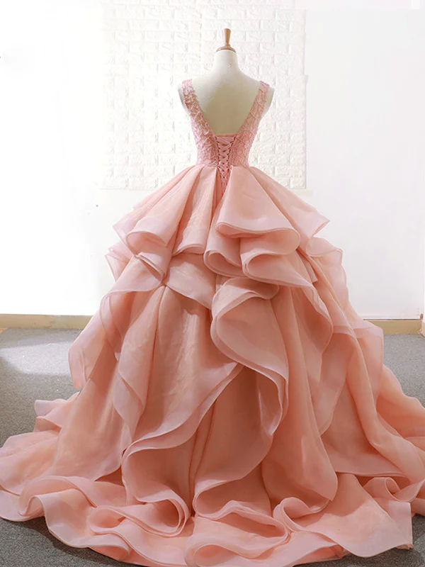 Ball Gown Ruffle Skirt Prom Dress Stunning Beaded Blush Open Back Prom Evening Dress M6013