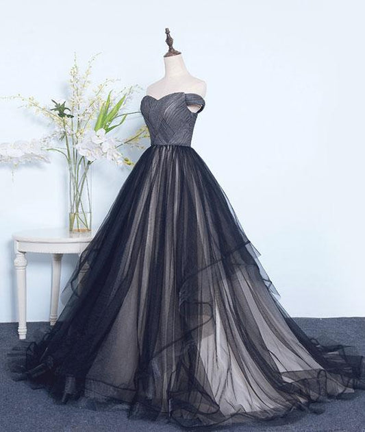 Simple black sweetheart tulle long prom dress, black evening dress M4841