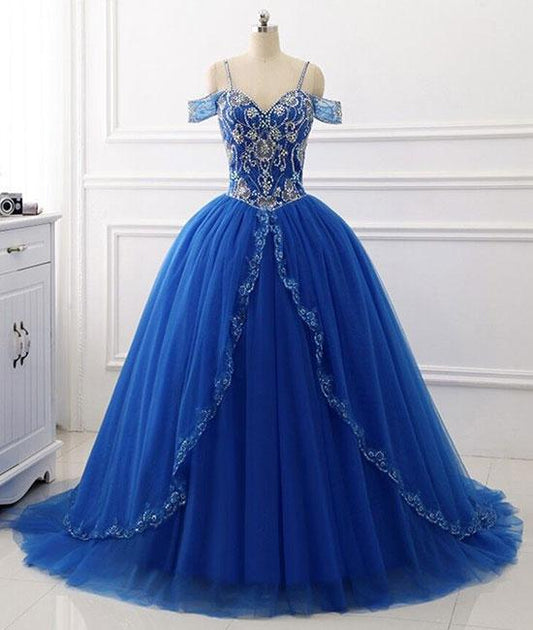 Blue sweetheart beads sequin long prom gown, blue evening dress M4807