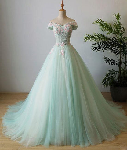 Green v neck tulle beads long prom dress, tulle evening dress M4878