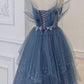 blue tulle sequin long prom dress M4985