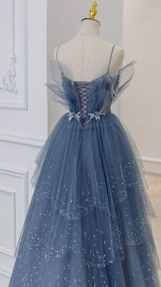 blue tulle sequin long prom dress M4985