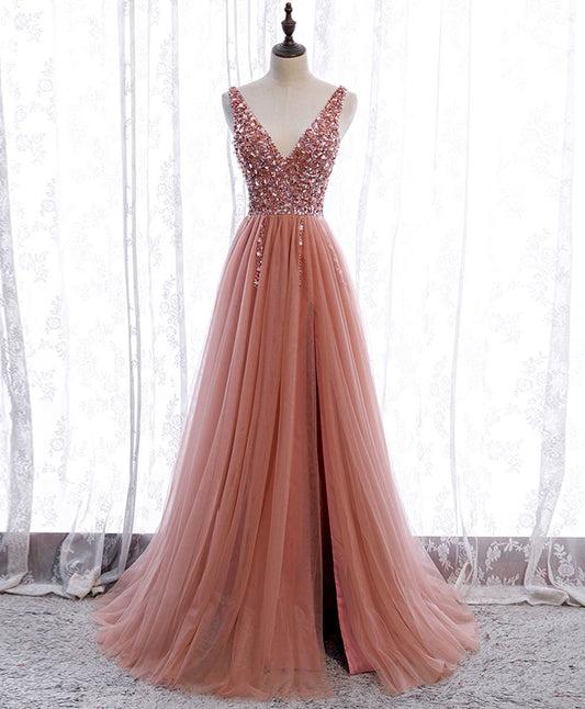 Pink v neck tulle sequin long prom dress pink formal dress M4932