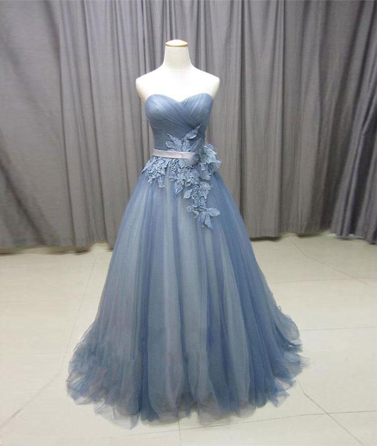 Simple gray blue tulle lace applique long prom dress, tulle evening dress M4853